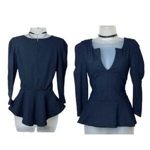 Y2K Bebe Split Neck Puff Sleeve High Low Ruffle Peplum Flounce Top Black XS